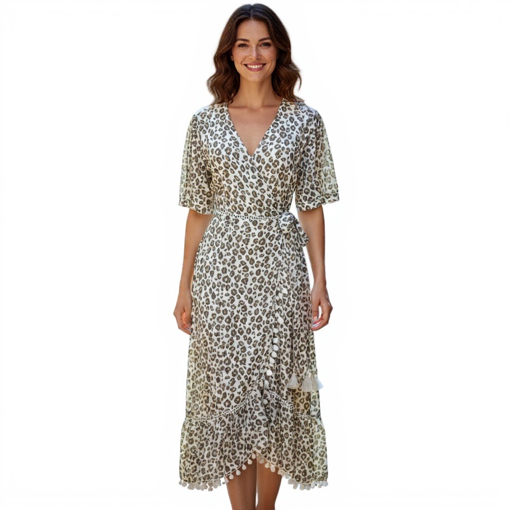 Valiante Boho Leopard Print Maxi Wrap Dress With Tassel & Pom Pom Details Size M